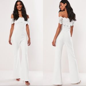 Missguided White Lace Bardot Flared Leg Jumpsuit